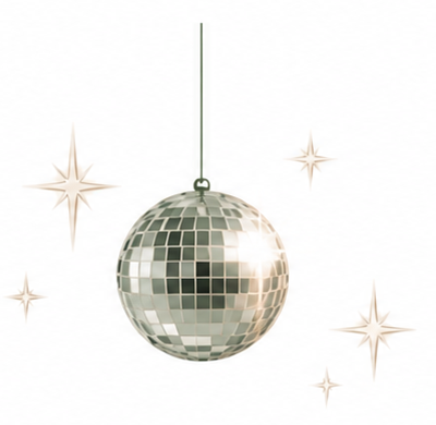 Silver mirrored disco ball surrounded by delicate champagne retro stars