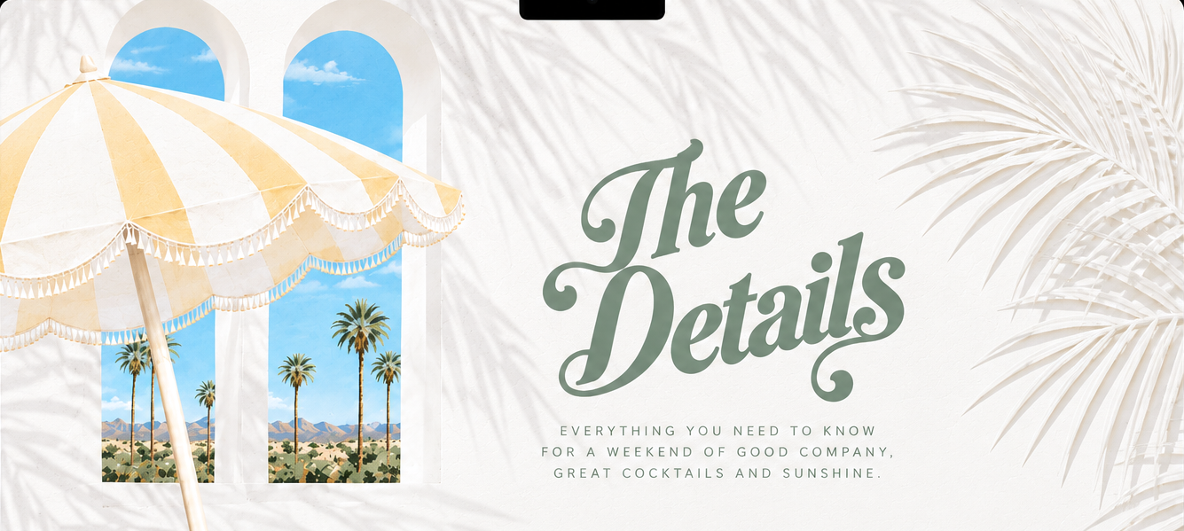 The Details, with a yellow-and-white parasol, arched blue-sky windows, sage lettering, embossed palms, and five accordion headings: The Plan, Dress Code, Accommodation, Getting There, The Finer Details.